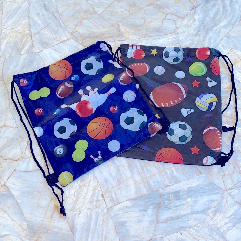 Set of 2 Waterproof Lightweight Nylon Drawstring Backpack‎ Sports Print 10x12